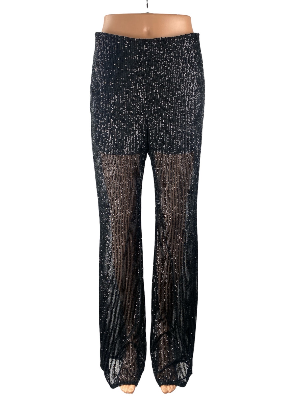 New Nasty Gal Women's Black Sequin Sparkly Sheer Wide Leg Trousers Pants Size 8